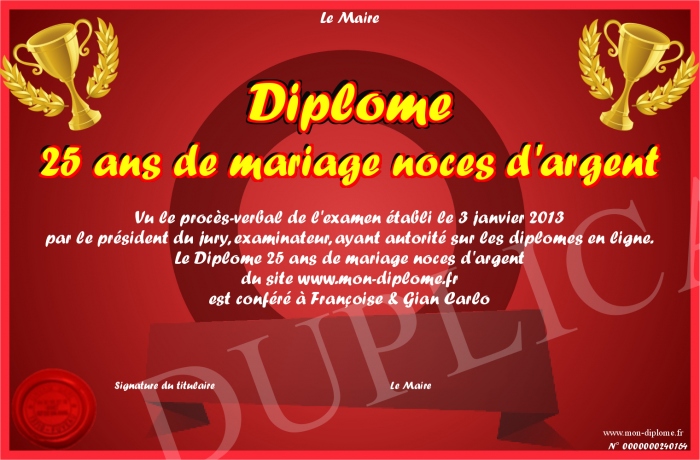 diplome 25 ans de mariage